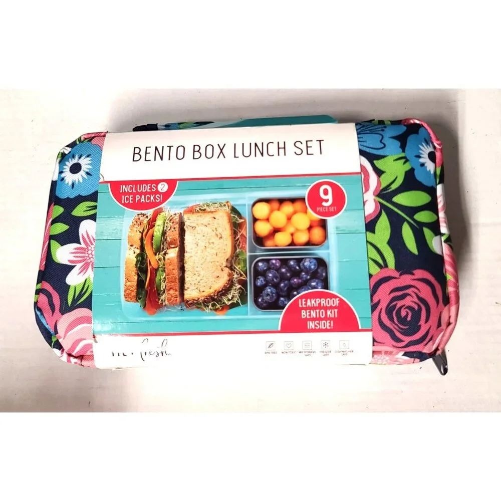 Fit & Fresh Bento Lunch Set 9 Pc Floral w 2 Ice Packs Insulated Zip Bag NEW